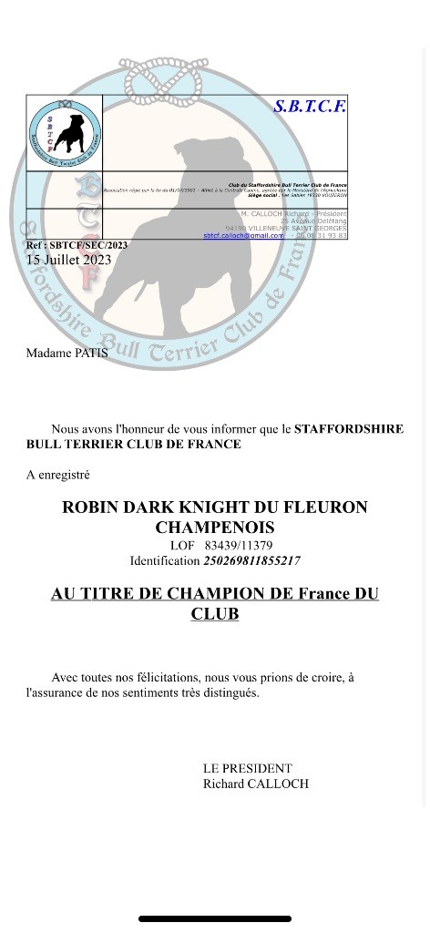 Du Fleuron Champenois - Titre Champion de France du Club SBTCF